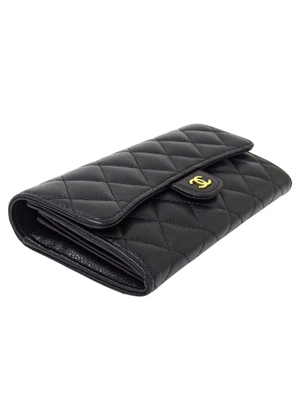 Chanel Wallet Quilted Caviar Leather Black Gold